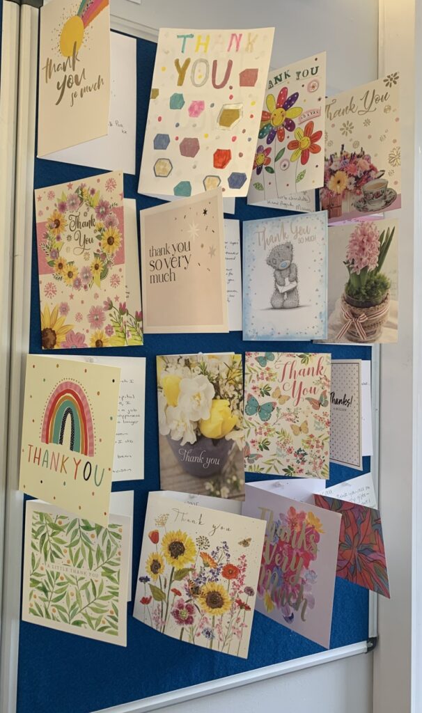 A wall of thank-you cards received by the SPDNS Homecare team